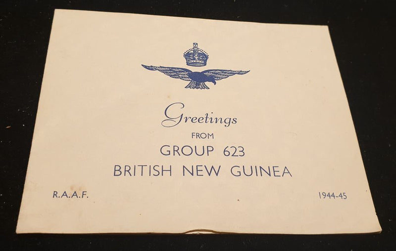 R.A.A.F. Greetings from Group 623 British New Guinea  Christmas and New Year card 1944-45. Signed “To Mr & Mrs Adams from John”