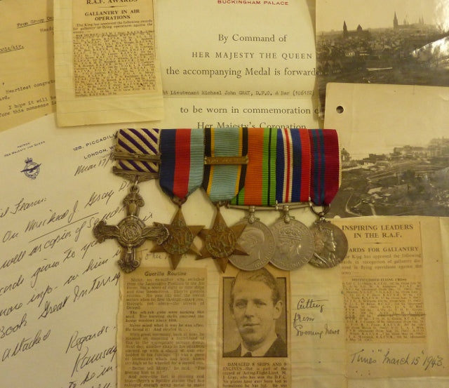 Six: An interesting low level flying fighter pilot  Distinguished Flying Cross (dated 1943) & Bar (engraved 1944), 1939/45 Star, Air Crew Europe "France and Germany", Defence Medal, War Medal and 1953 Coronation medal - SOLD